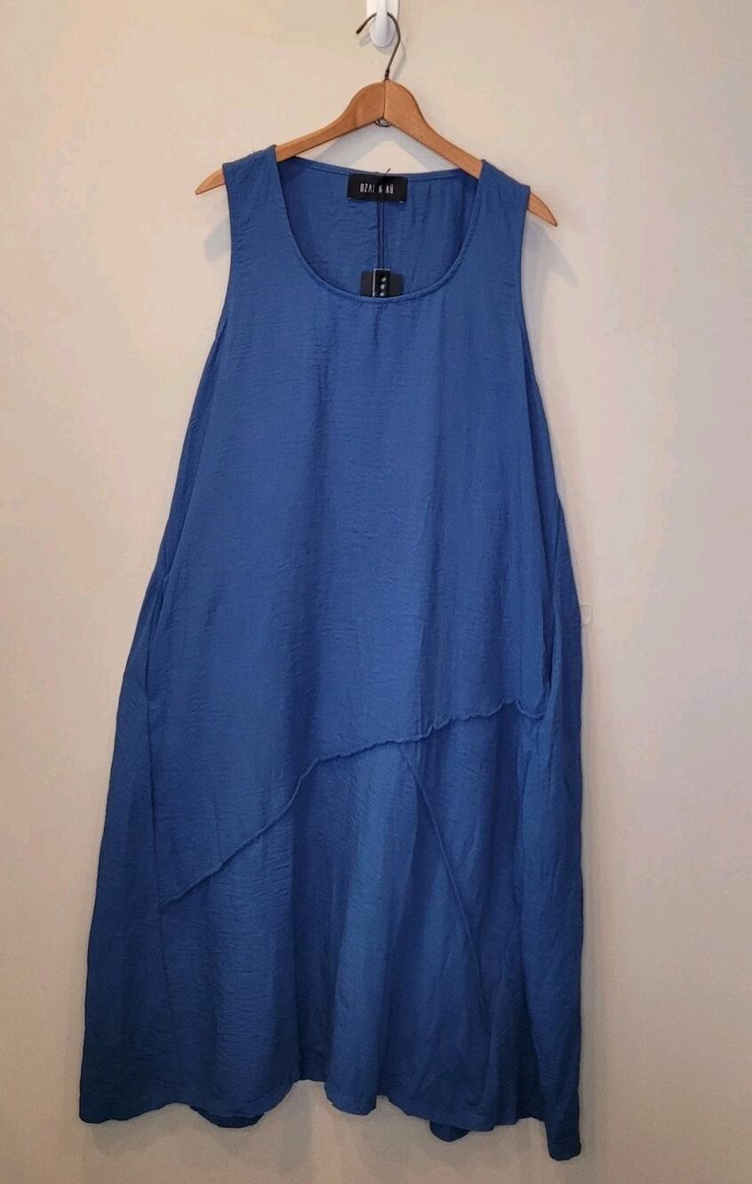 Ozai N Ku Blue Sleeveless Raw Hem Maxi Dress Size 2XL Pockets Lagenlook New
